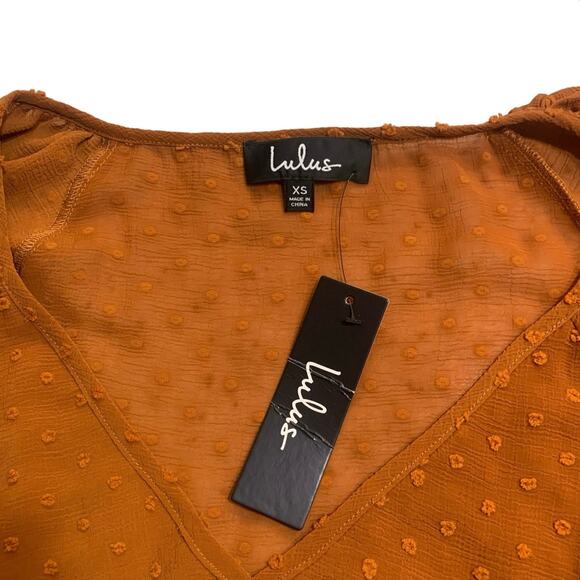 NWT Lulus Rust Orange Swiss Dot Ruffled Long Sleeve Top Size XS - Picture 2 of 9